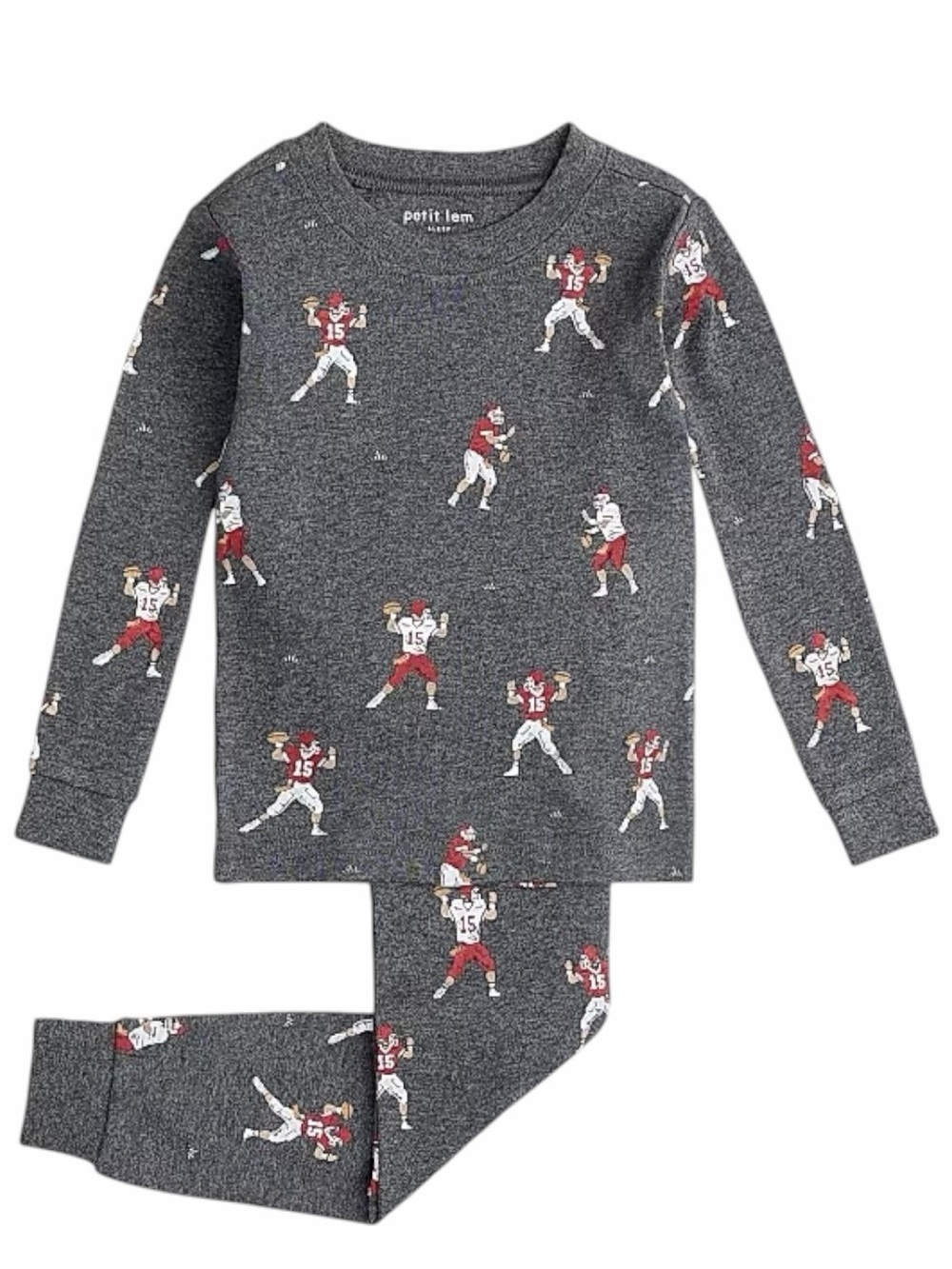 Petit Lem Charcoal Gray Football Print Pajama Set with Red Players